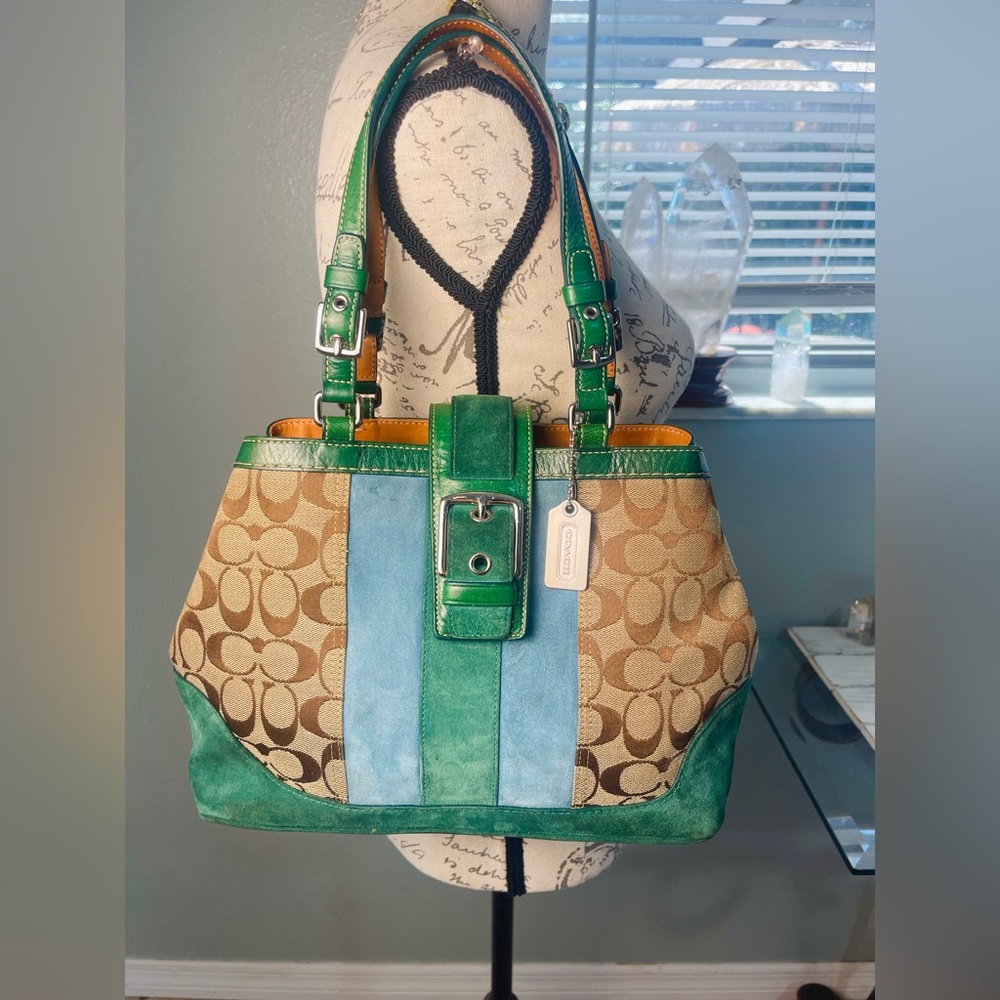Coach Vtg Y2K Hampton Signature Canvas Green Blue Suede Stripe Top Handle Bag